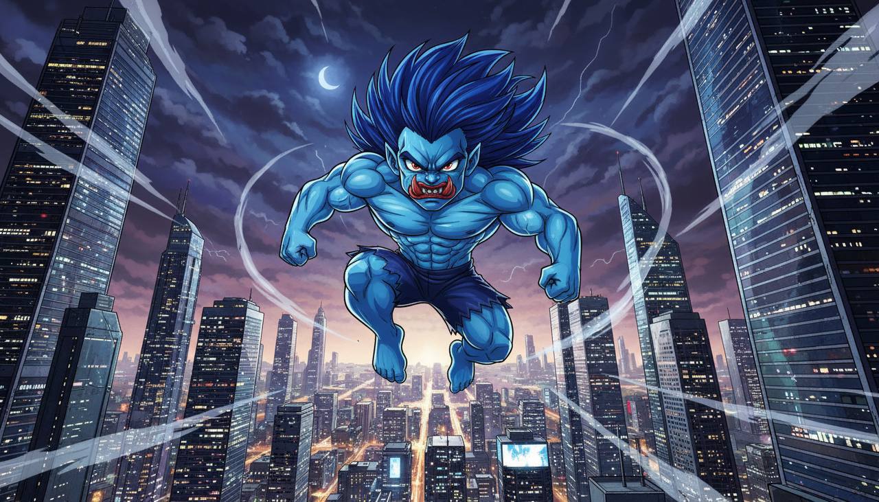 ZEUS mid-leap over a glowing skyline