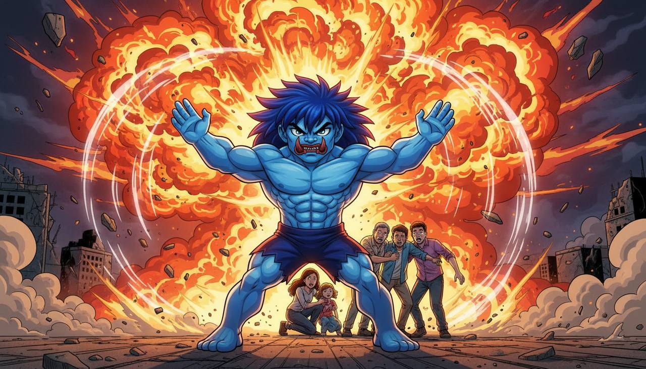 ZEUS shielding civilians from a fire explosion