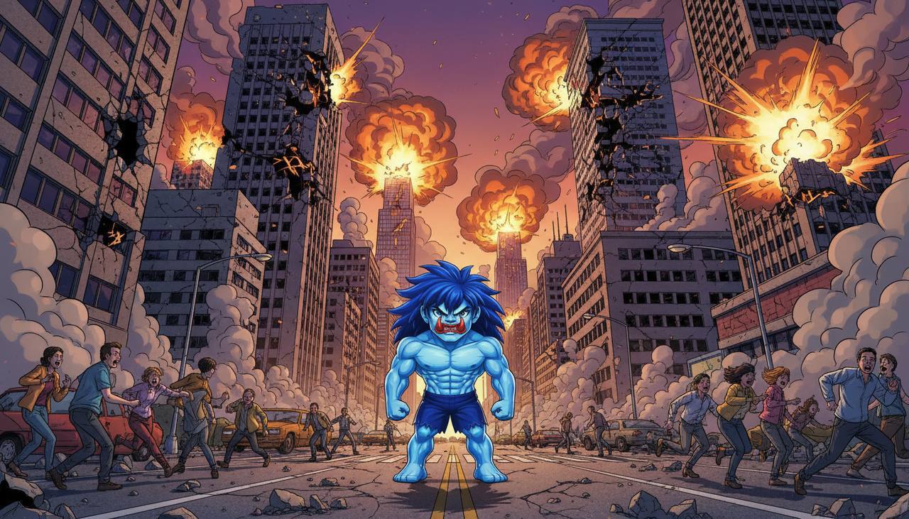 ZEUS walking forward through burning skyscrapers
