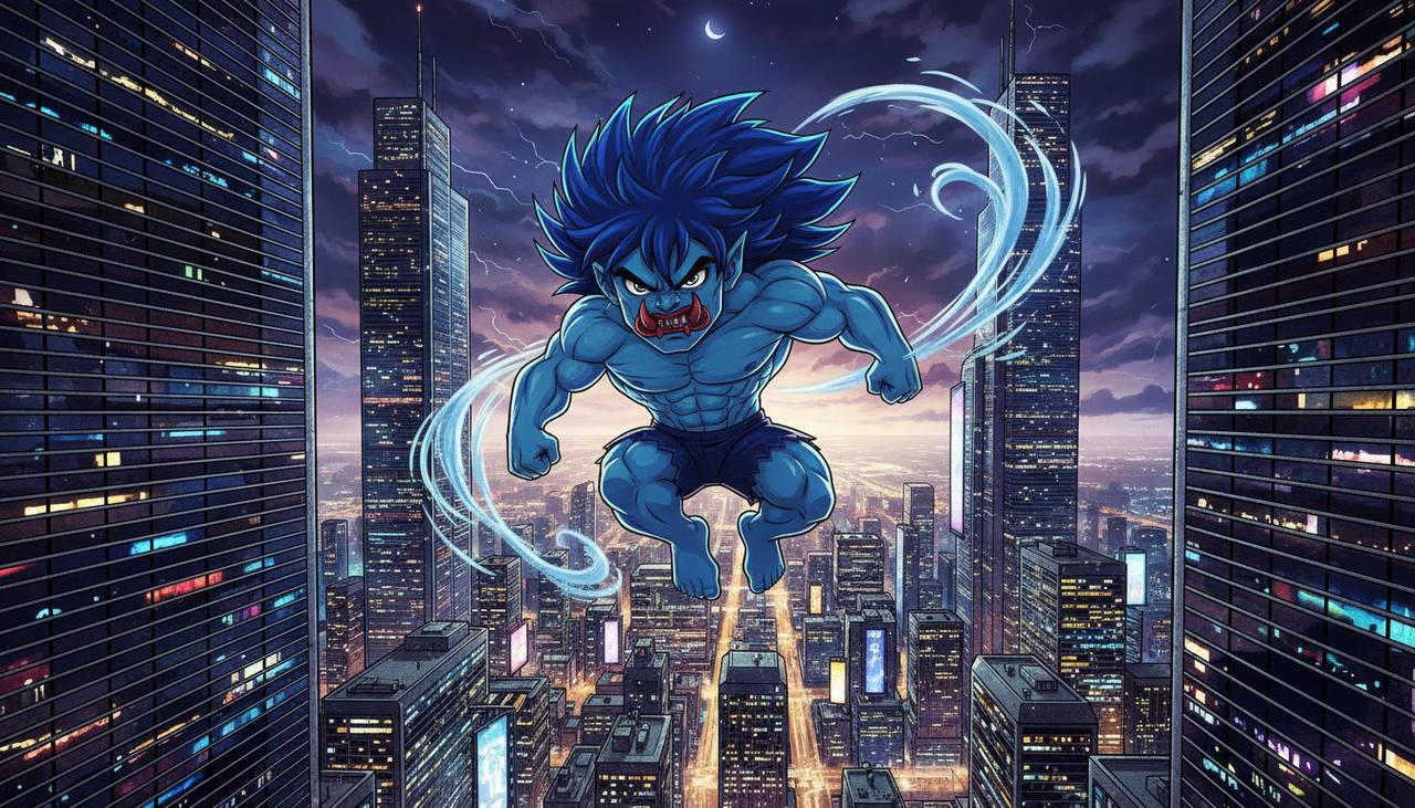 ZEUS mid-leap with energy trails over a city