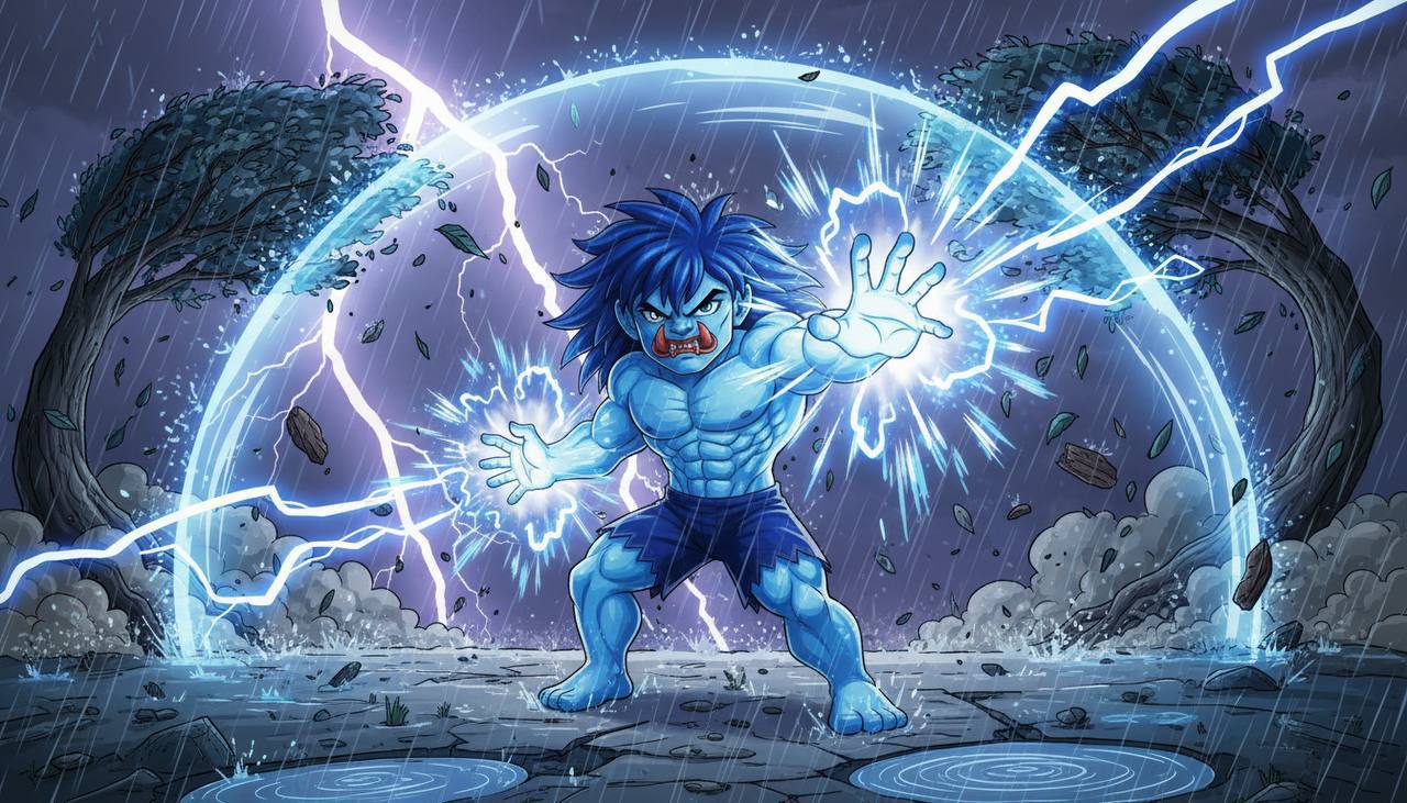 ZEUS between two skyscrapers, hair flowing
